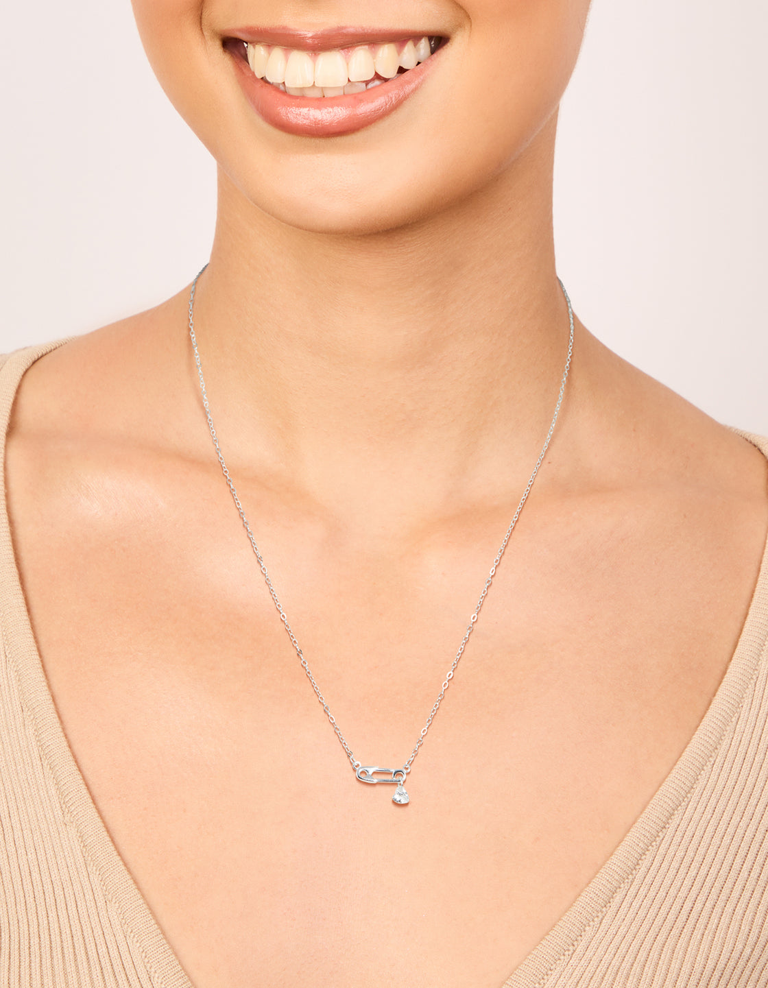 Sterling Silver Cubic Zirconia Safety Pin Necklace