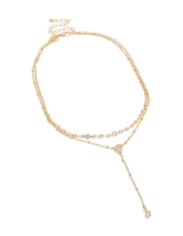 Elegantly crafted cubic zirconia teardrop bezel Y-necklace featuring beads in gold plated front view