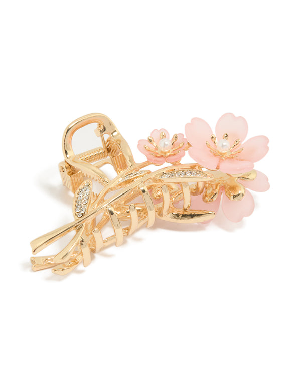 Gold Embellished Pearl Pink Flowers Claw Clip