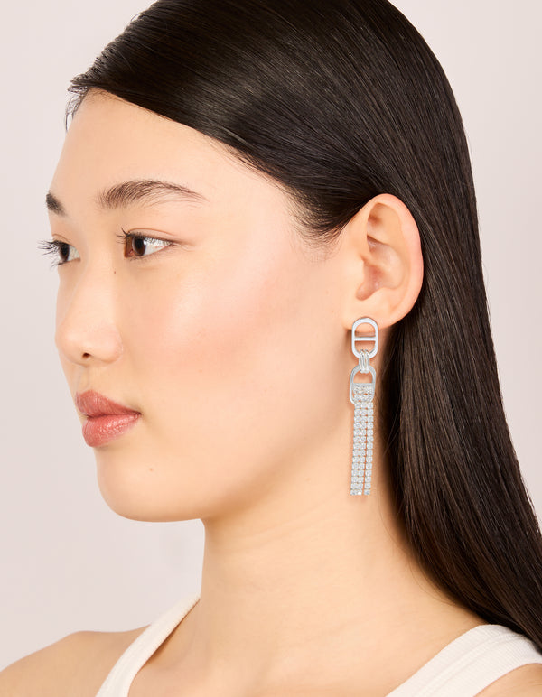 Silver Diamante Round Attached Tassel Drop Earrings