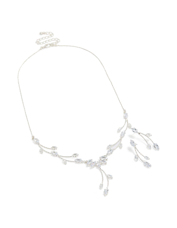 Showcasing a silver floral leaf vine Y-necklace and earrings set with botanical inspired design front view