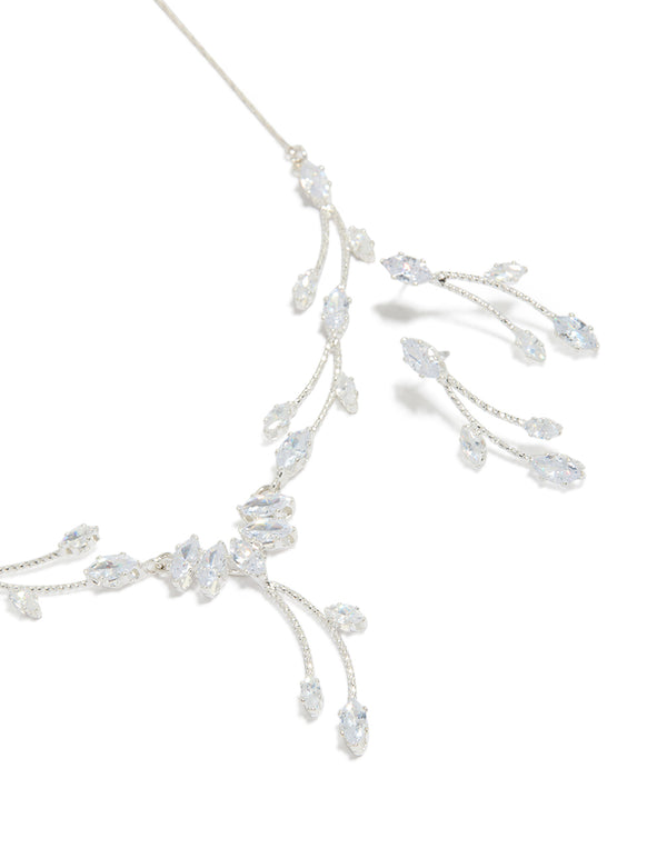 This elegant silver floral leaf vine Y-necklace and earrings set features intricate botanical details close up view