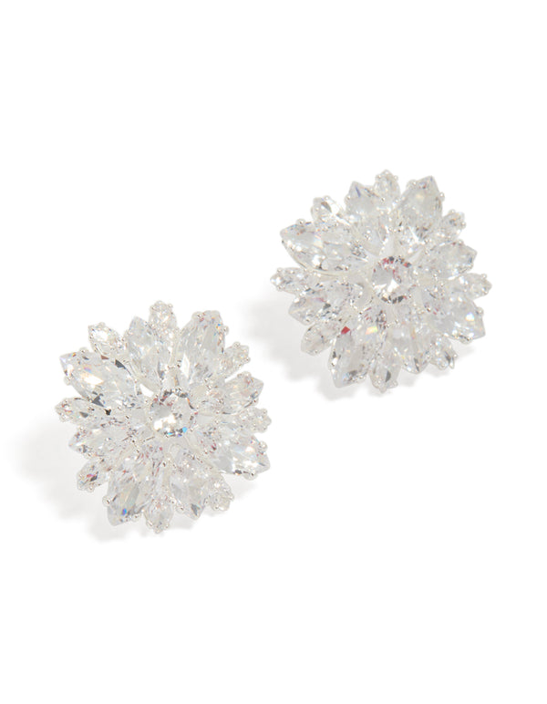 Showcasing silver plated cubic zirconia flower cluster stud earrings with floral design in clear front view