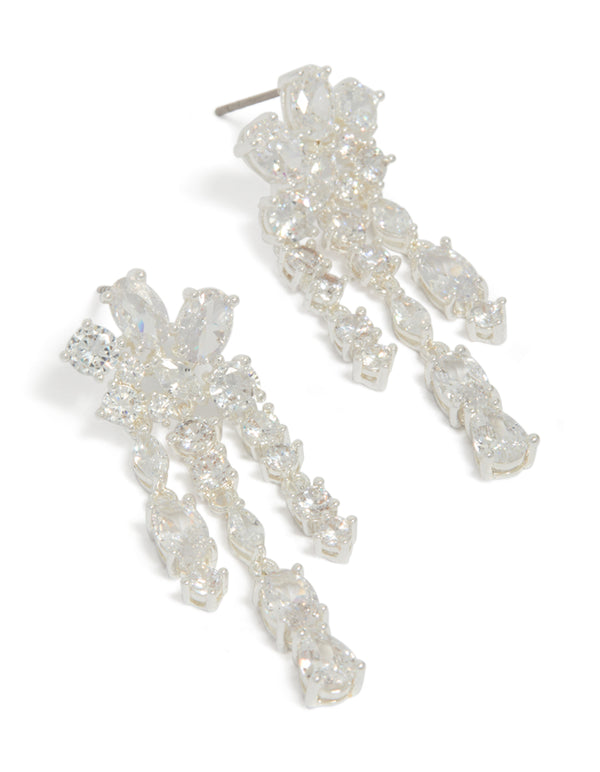 Showcasing statement drop earrings crafted from silver plated materials featuring cubic zirconia in an organic waterfall design front view