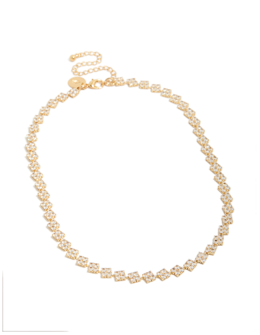 Displaying a floral tennis necklace crafted from gold plated cubic zirconia with crystal details and adjustable clasp in dainty styling clasp detail view