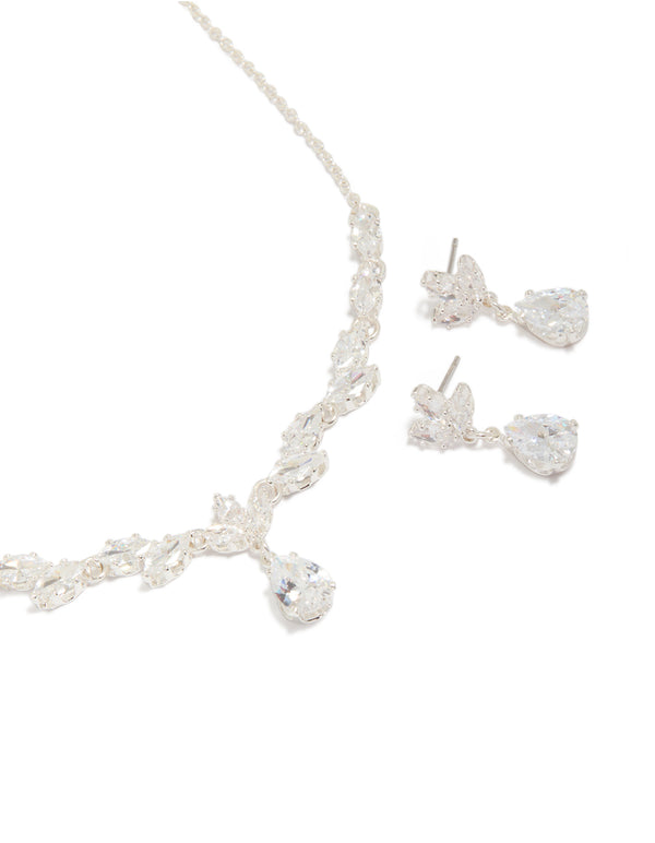 Silver Plated Large Vine Cubic Zirconia Necklace & Earrings Set