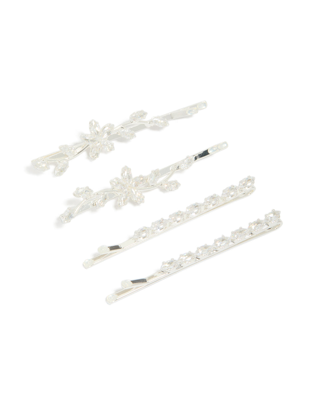 Showcasing floral cubic zirconia silver plated oval hair clips in a 4-pack front view