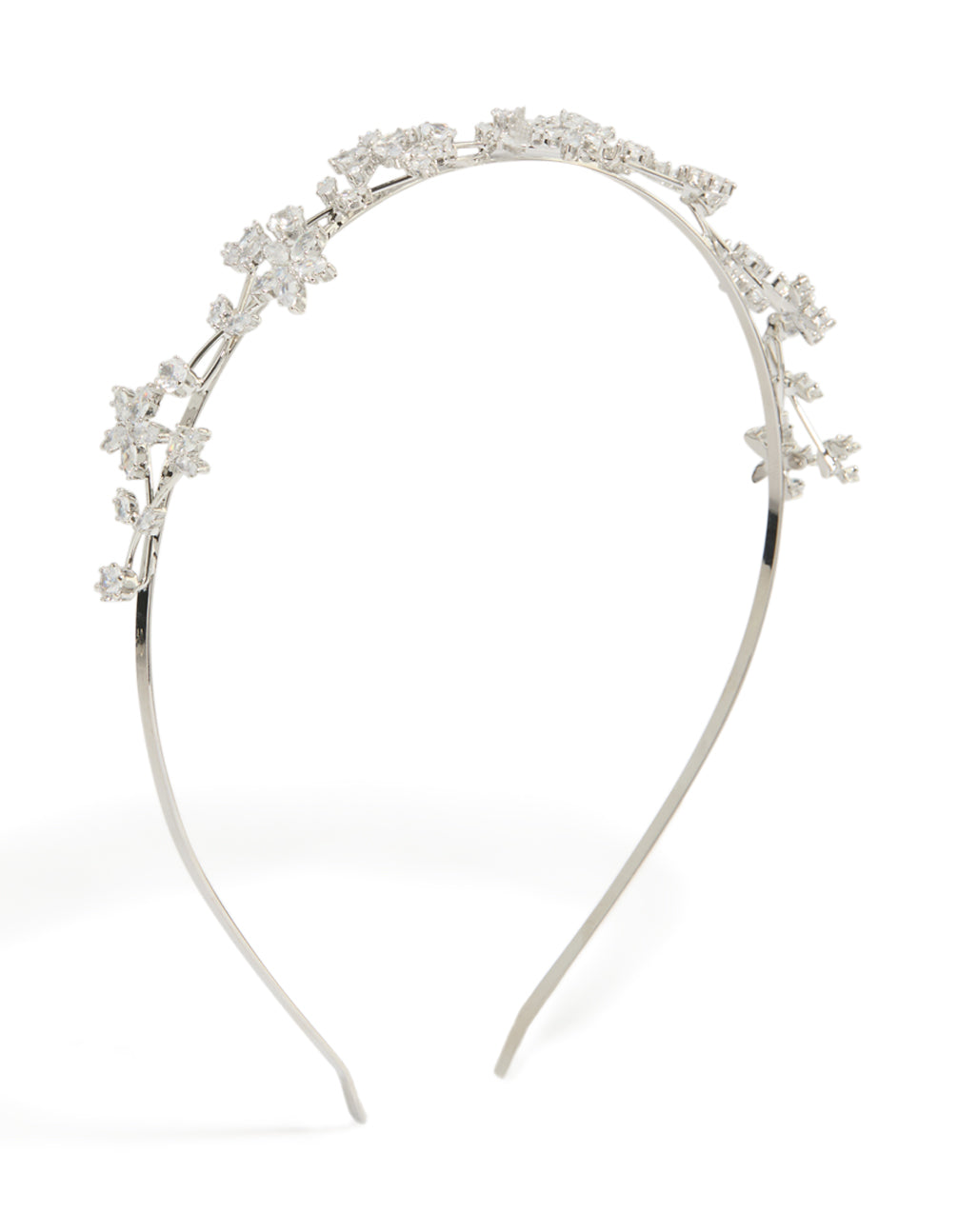 Elegant silver cubic zirconia headband with floral vine and leaf detail front view