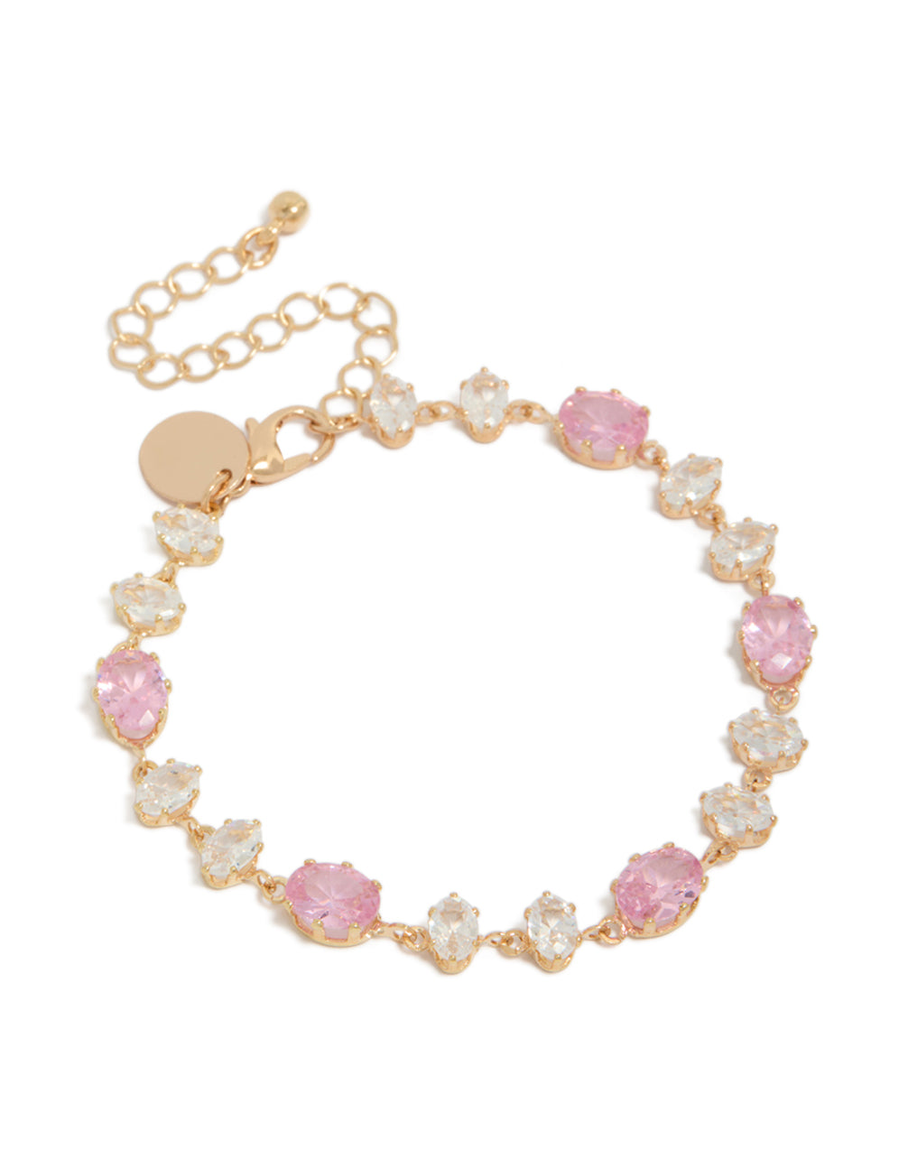 Showcasing a bracelet with round stone cut featuring gold, pink and clear diamantes front view