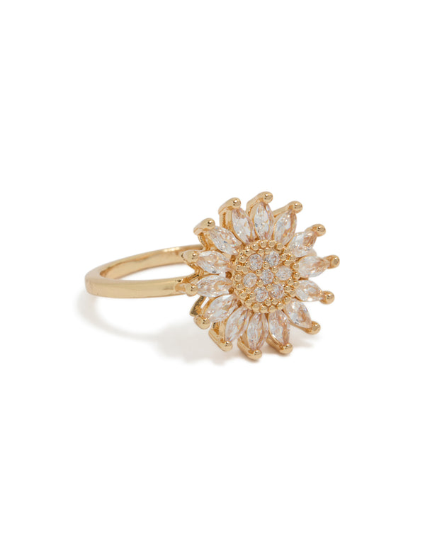 This stunning cubic zirconia daisy flower ring in gold with clear stones front view