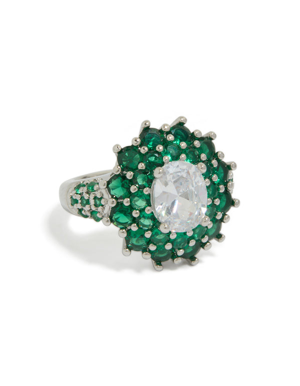 Showcasing a cubic zirconia green statement floral ring crafted from crystal in clear and silver front view