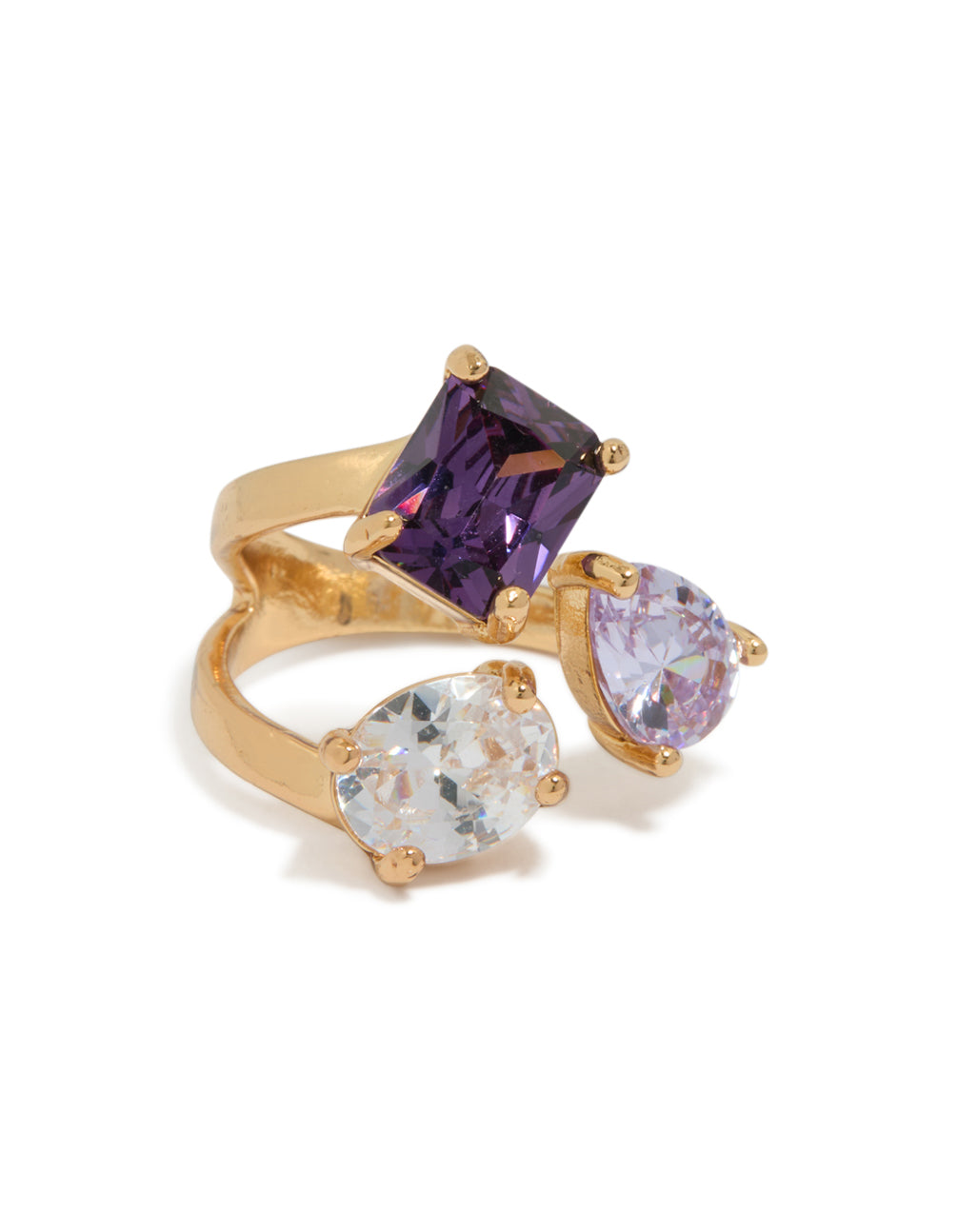Crafted from gold plated metal featuring multi cubic zirconia statement ring in purple, pink, and clear front view
