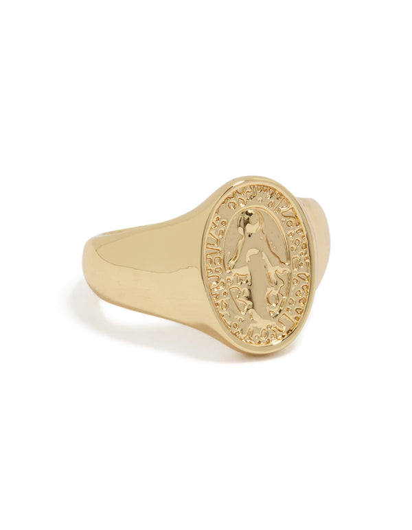 Beautifully crafted gold plated holy signet ring in a statement style front view