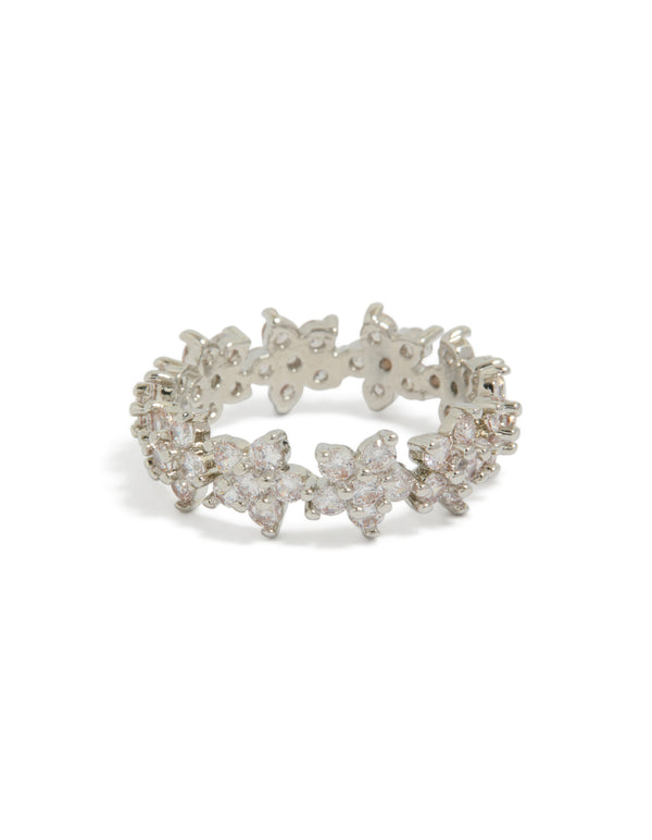 Showcasing a cubic zirconia flower band ring in statement style, silver and clear front view