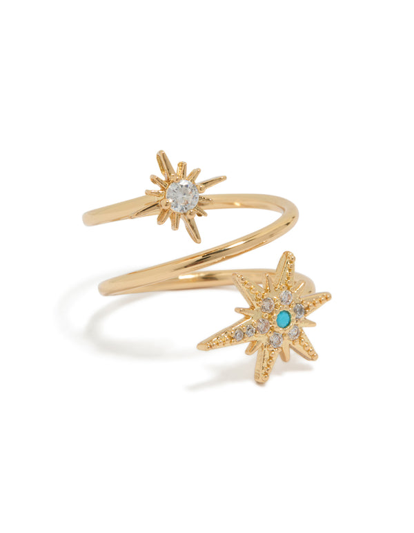 Showcasing a celestial star ring in gold plated finish with cubic zirconia and turquoise accents front view