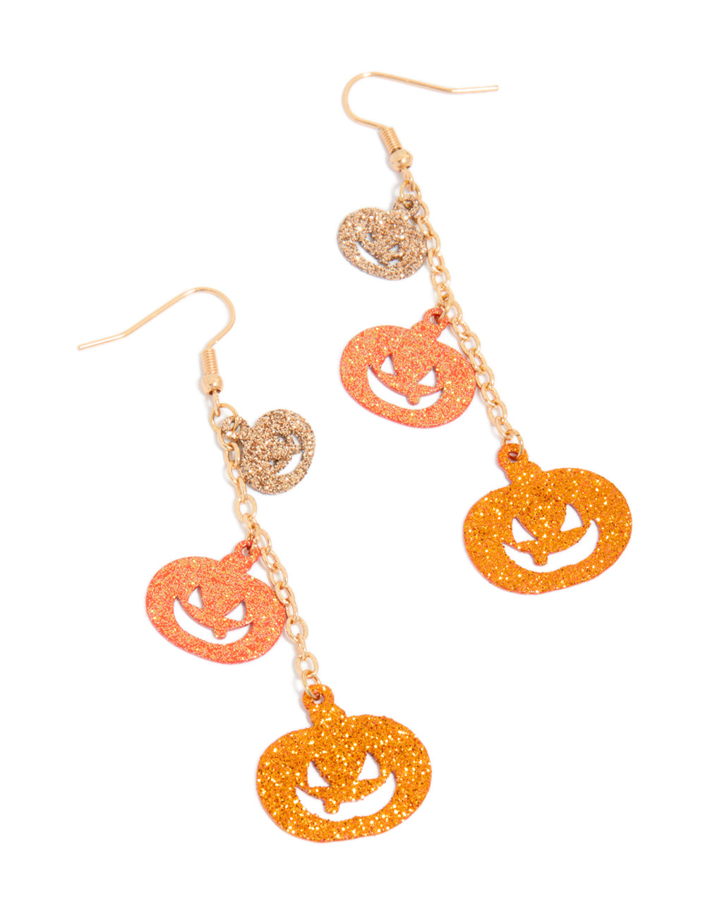 Showcasing chunky drop earrings with charm accents and glitter finish in orange, gold, brown, and coral tones front view