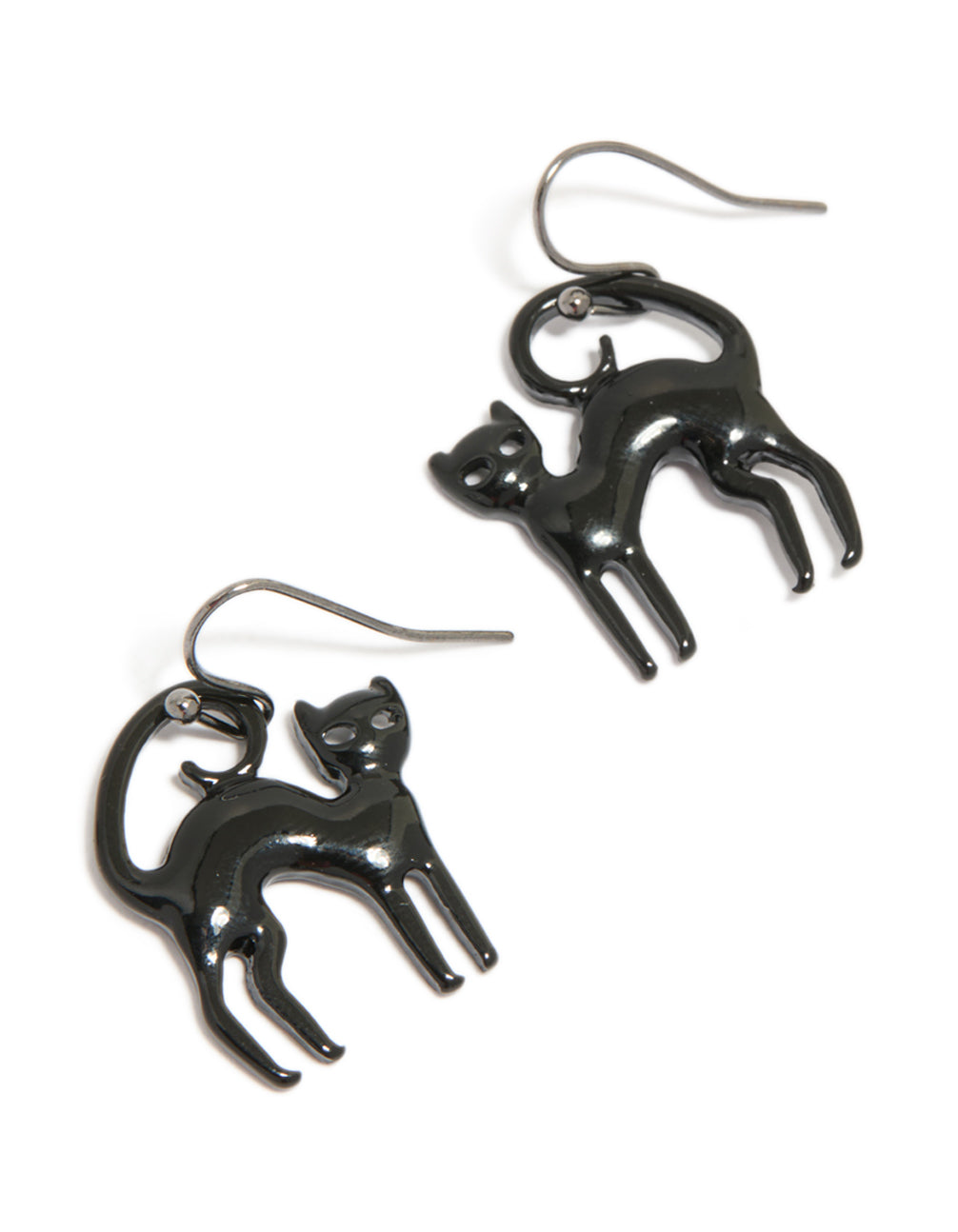 Showcasing black coated metal cat drop earrings in statement style front view