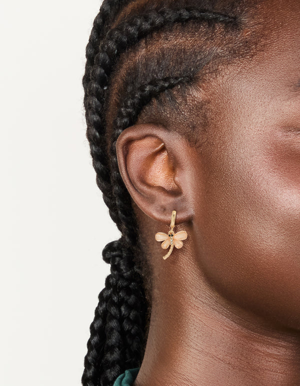 Pink Dragonfly Gold Huggie Hoop Earrings