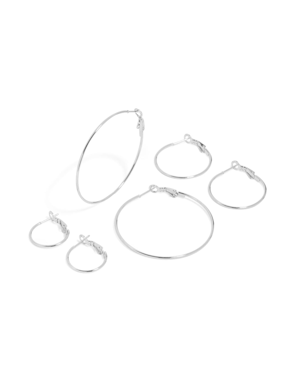 Showcasing waterproof stainless steel extra thin hoop earrings in a statement 3-pack with silver finish front view
