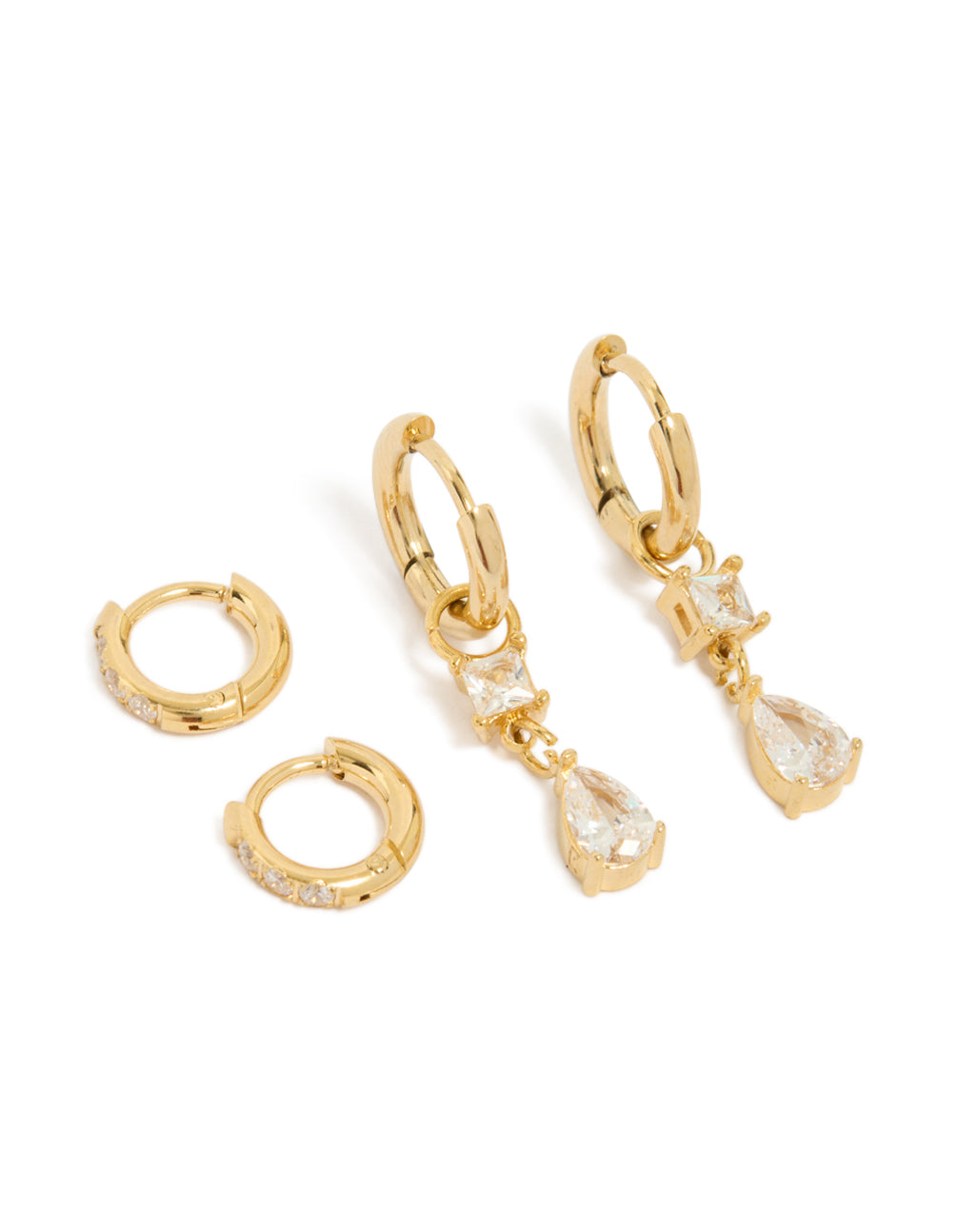 Showcasing waterproof gold plated stainless steel huggie drop earrings in a 2-pack with cubic zirconia and crystal accents front view