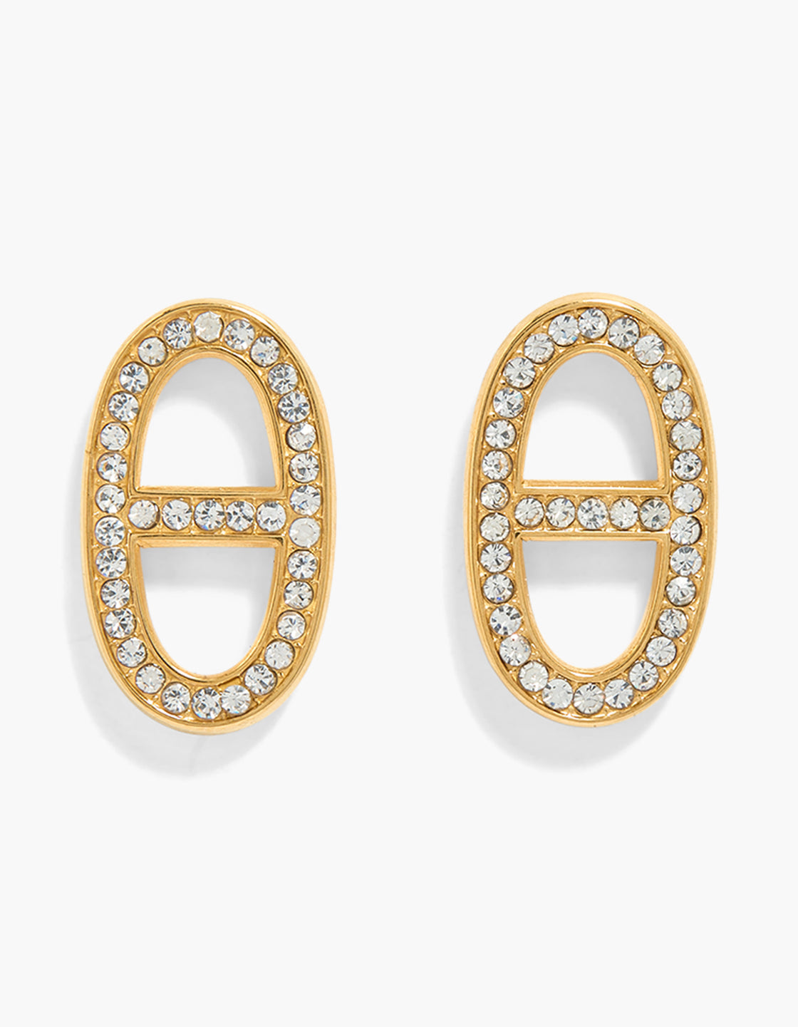 Discover waterproof gold plated stainless steel oval, cubic zirconia stud earrings front view