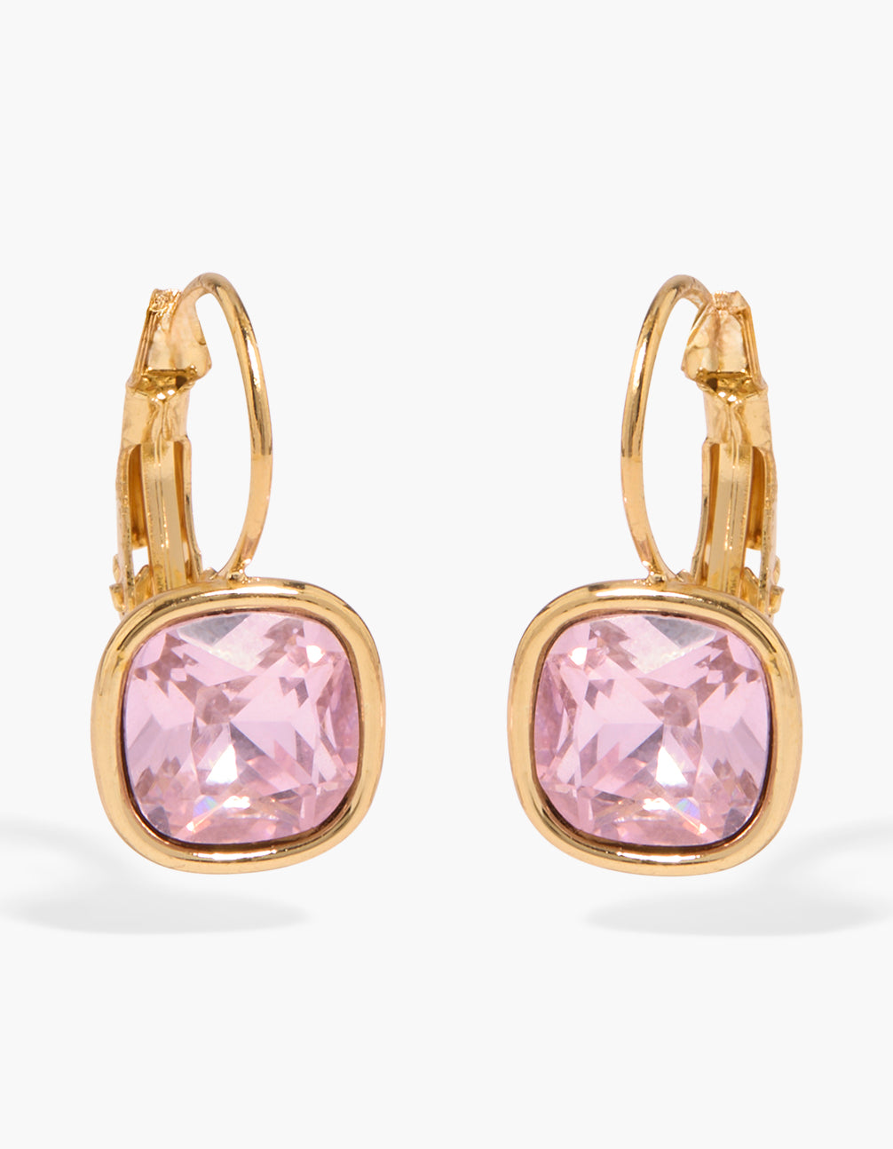 Showcasing waterproof gold plated stainless steel square huggie earrings with pink cubic zirconia in oval front view