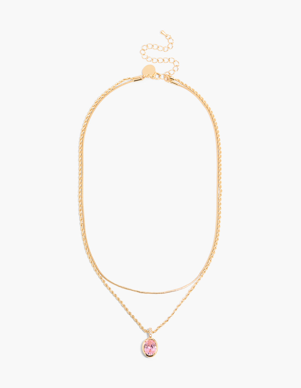 Elegant waterproof twisted layered necklace with cubic zirconia in pink and stainless steel gold plated clasp detail front view