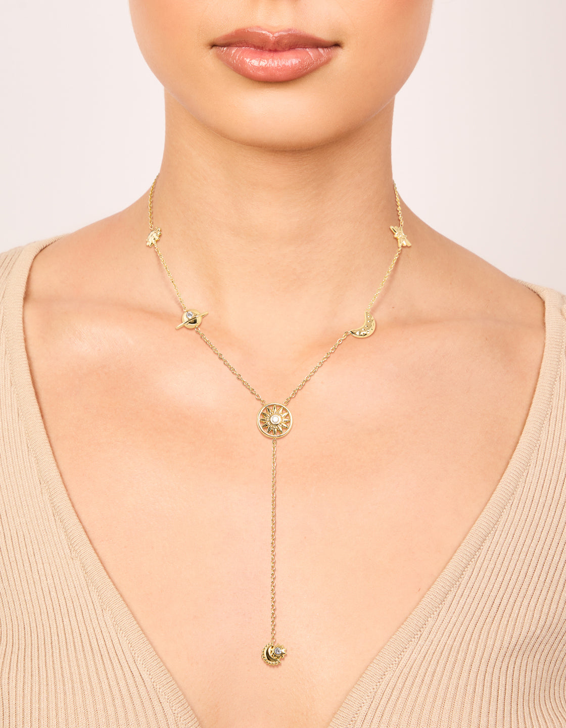 Waterproof Gold Plated Stainless Steel Celestial Pendant Y-Necklace