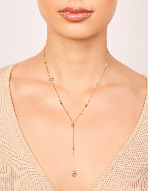 Waterproof Gold Plated Stainless Steel Cubic Zirconia Oval Station Y-Necklace