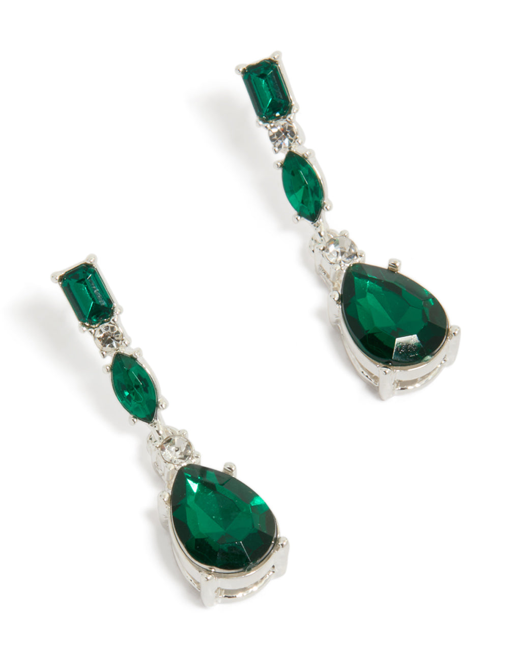 Showcasing silver teardrop statement earrings featuring green diamante with teal accents front view