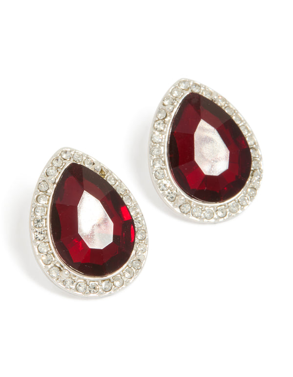 Elegant teardrop stud earrings with red diamante center stone and silver outline featuring stud closure front view