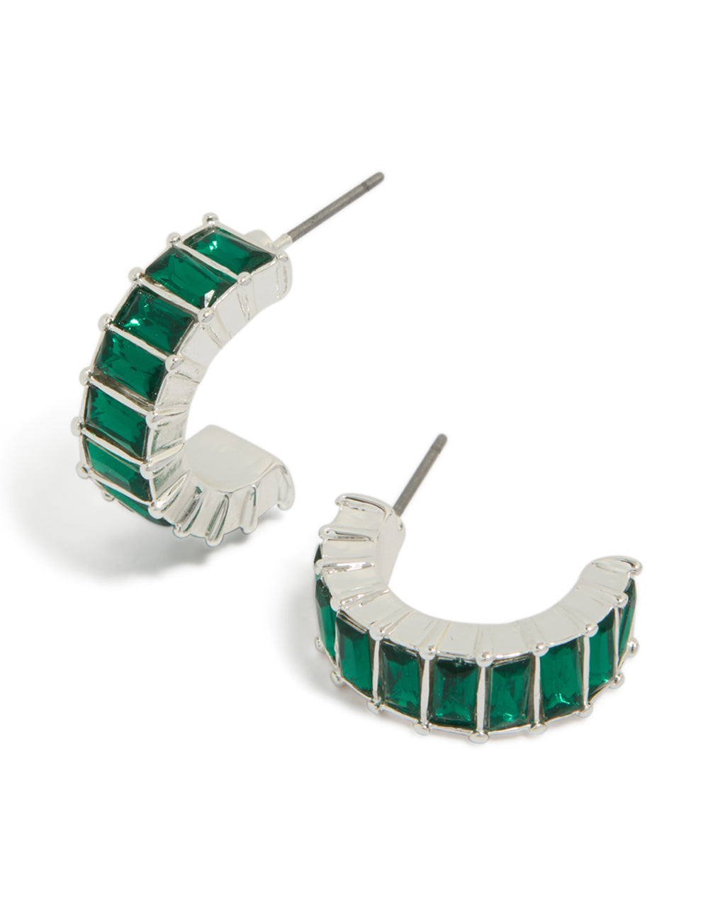 Showcasing huggie earrings with teal diamante stones in a geometric setting front view