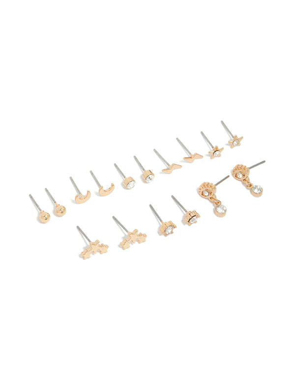 Showcasing a gold evil eye and celestial earrings 8-pack featuring sun, star, moon with ball designs front view
