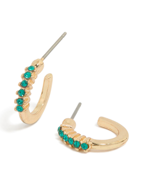 Gold Green Diamante Row Huggie Earrings
