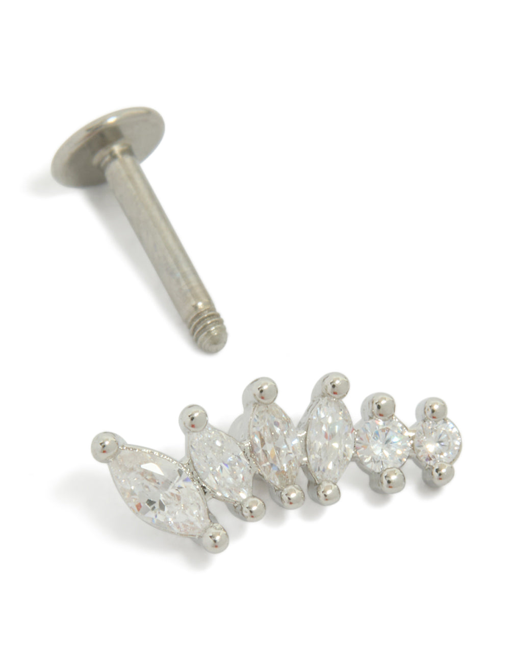 Highlighting a crawler style single flat back stud earring crafted from surgical steel with cubic zirconia post detail view