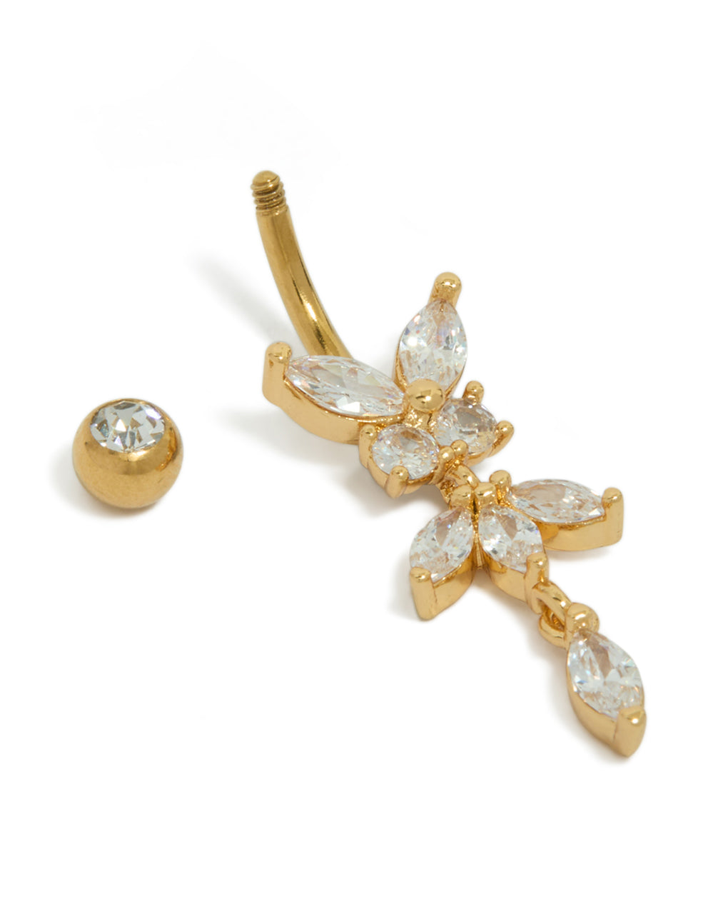 Beautifully crafted belly bar in gold plated surgical steel featuring butterfly petal drop with cubic zirconia stones detail view
