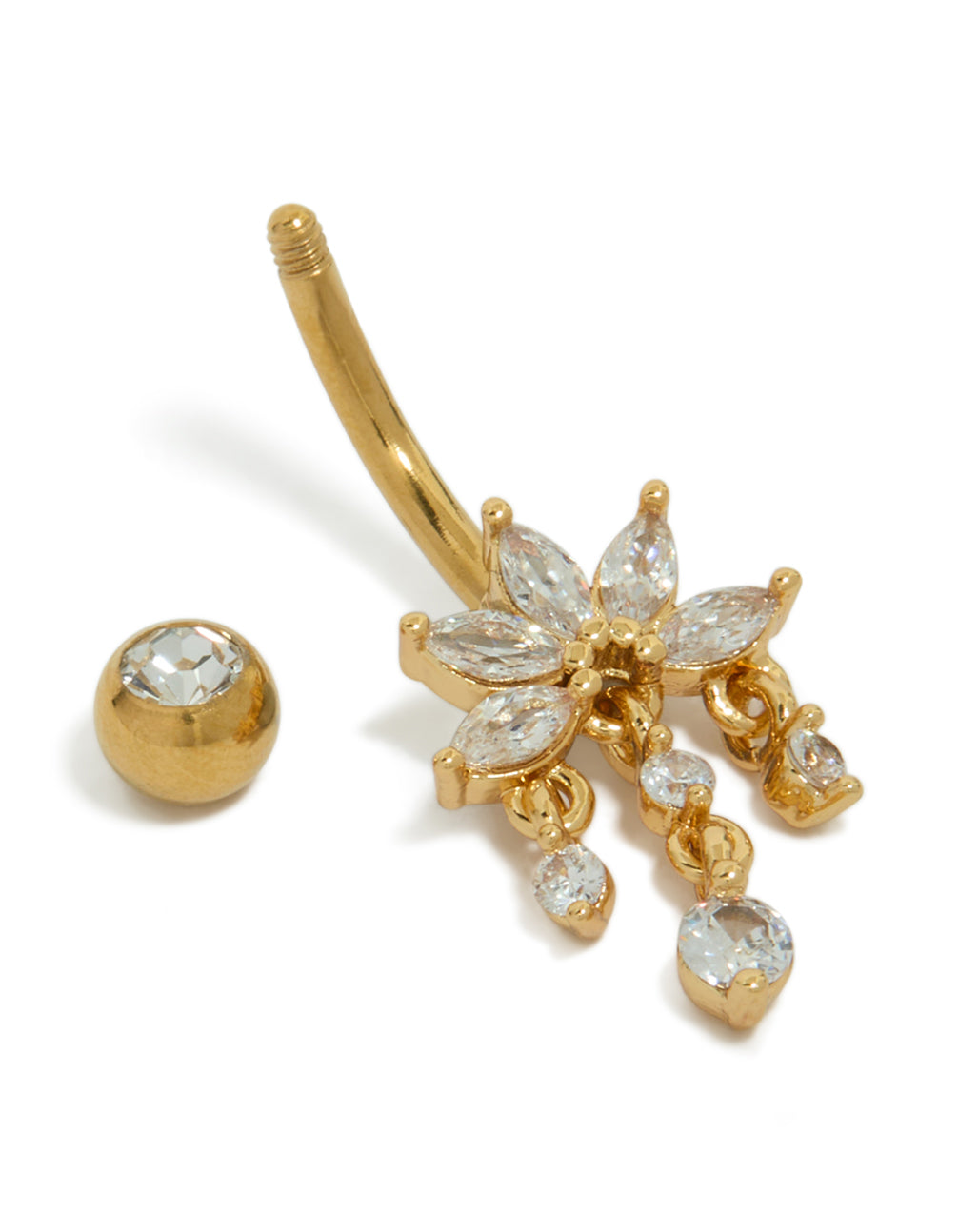 Showcasing a half flower drop belly bar, crafted from gold plated surgical steel and embellished with cubic zirconia charms detail view