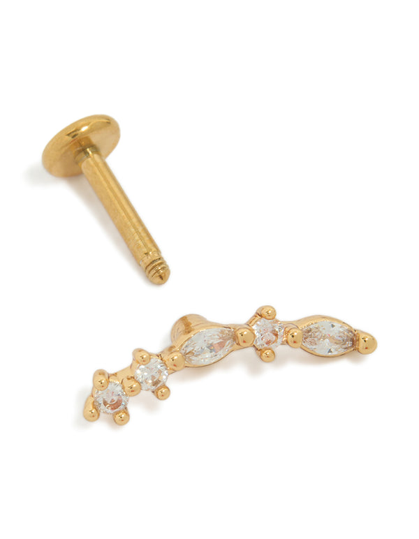 Featuring titanium construction, this crawler stud earring showcases marquise cut cubic zirconia in gold plated finish with flat back closure detail view