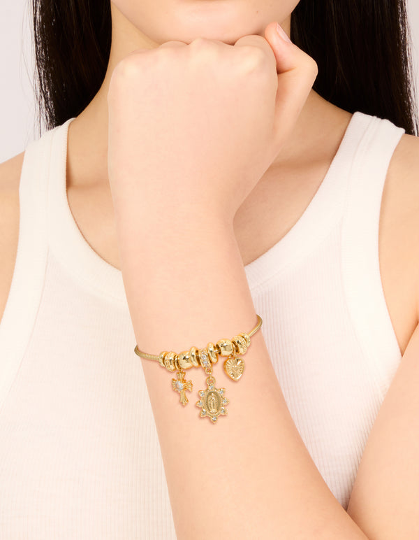 Gold Plated Cubic Zirconia Heart & Cross Toggle Bracelet