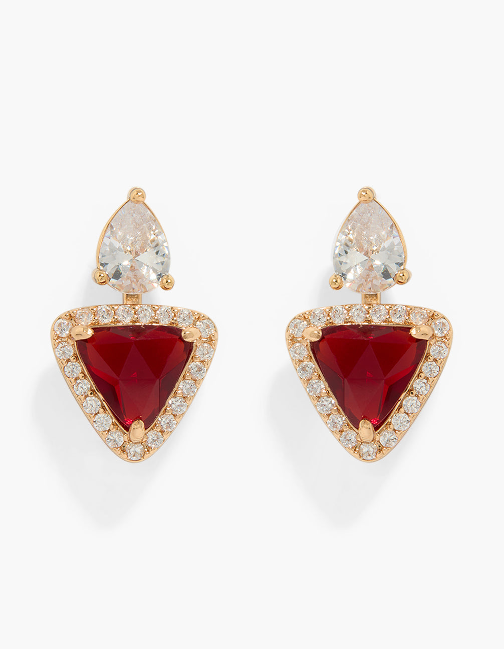 Explore these mini triangular gold drop earrings featuring statement style with cubic zirconia and crystal in clear and red tones front view