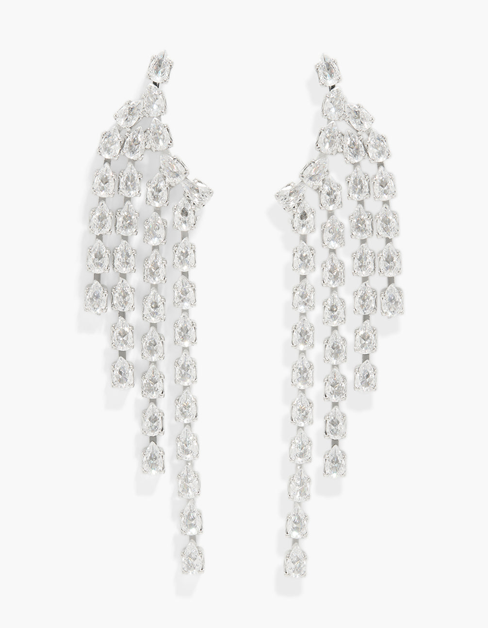 Showcasing statement multi strand drop earrings crafted from cubic zirconia in silver front view