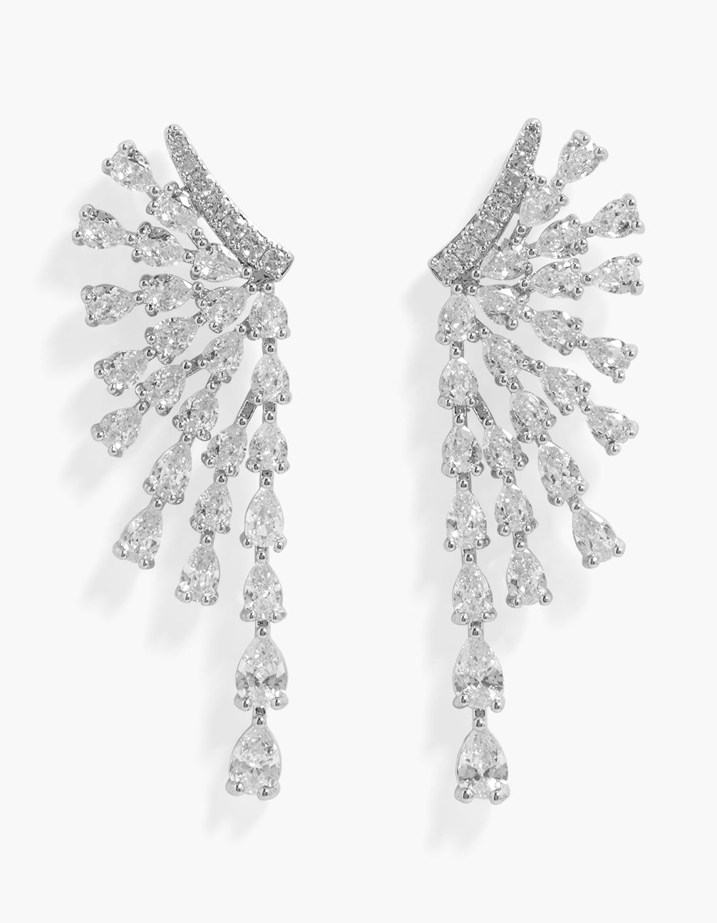 Showcasing statement fan earrings crafted from cubic zirconia in silver front view