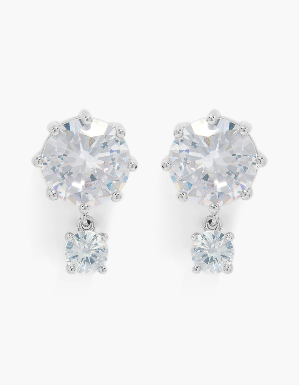 Showcasing silver cubic zirconia double circle drop earrings with clear accents front view