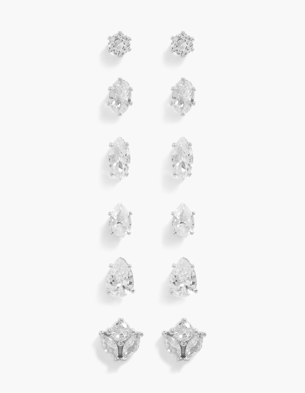 Discover this classic cubic zirconia stud earrings 6-pack featuring marquise and oval stone cuts with a stud closure in silver front view