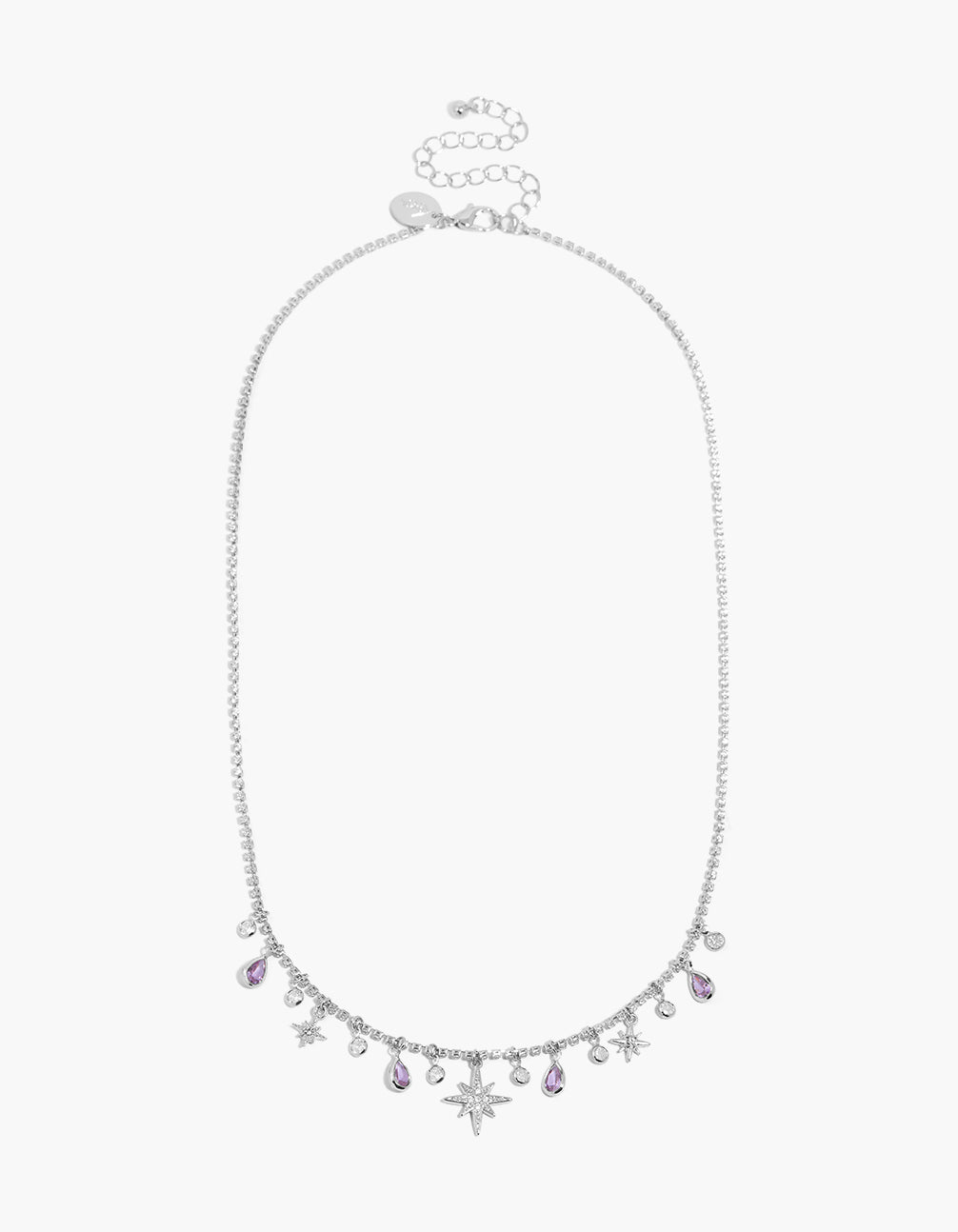 Crafted from silver with lilac cubic zirconia teardrops and celestial star charms featuring pear shape crystal details front view