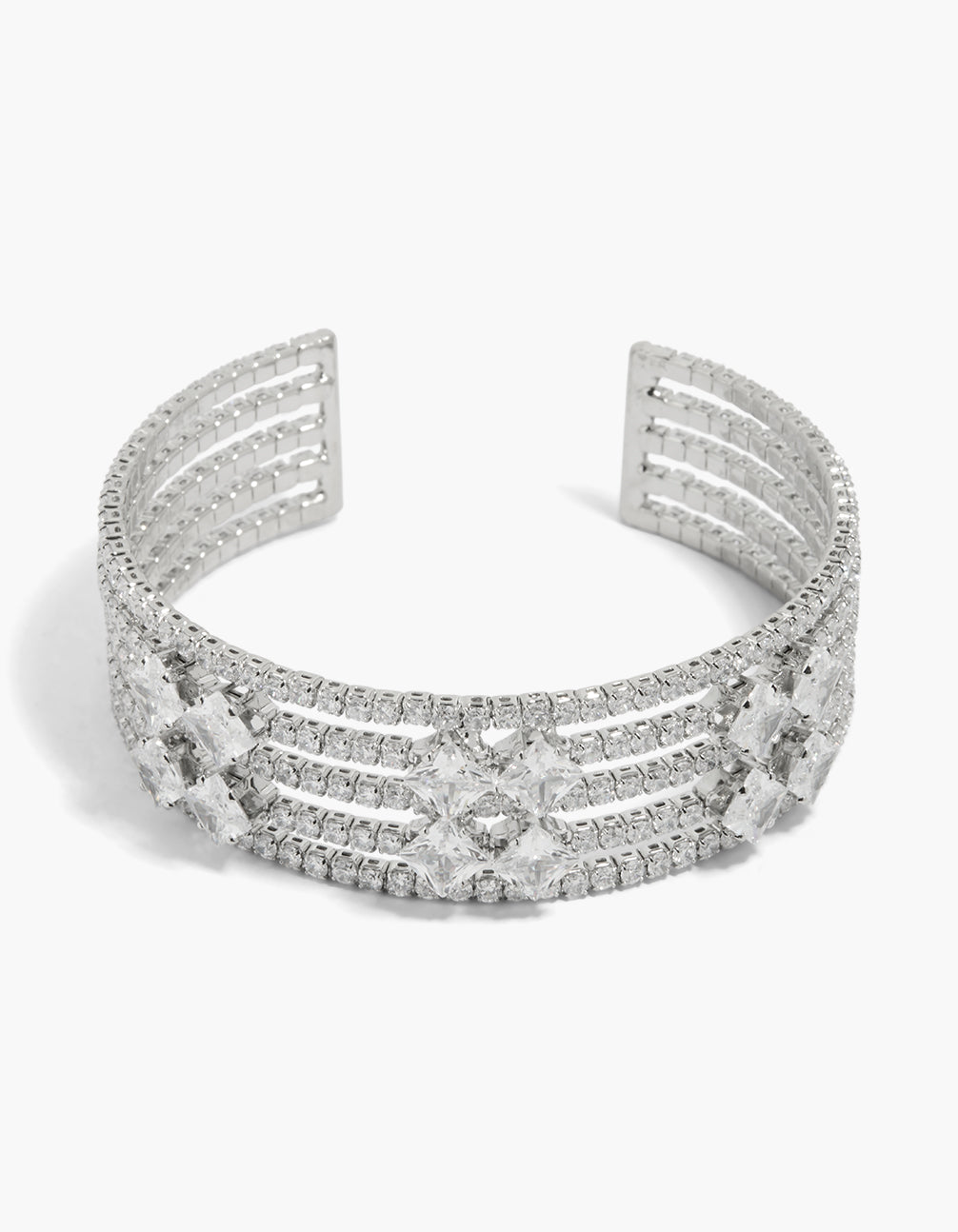 Showcasing a statement wrist cuff featuring cubic zirconia in silver, front view