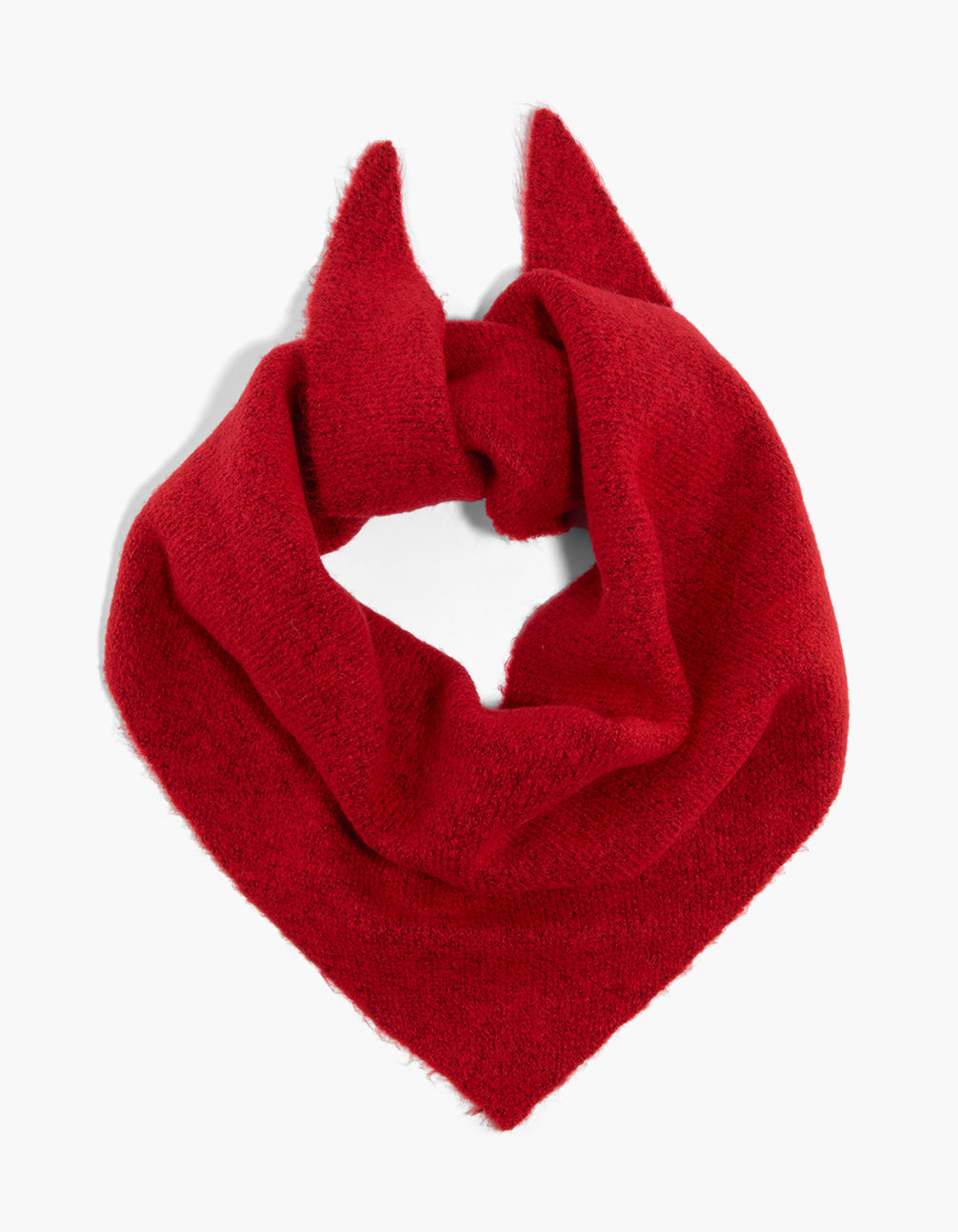 Showcasing a red triangular knitted scarf with solid print front view