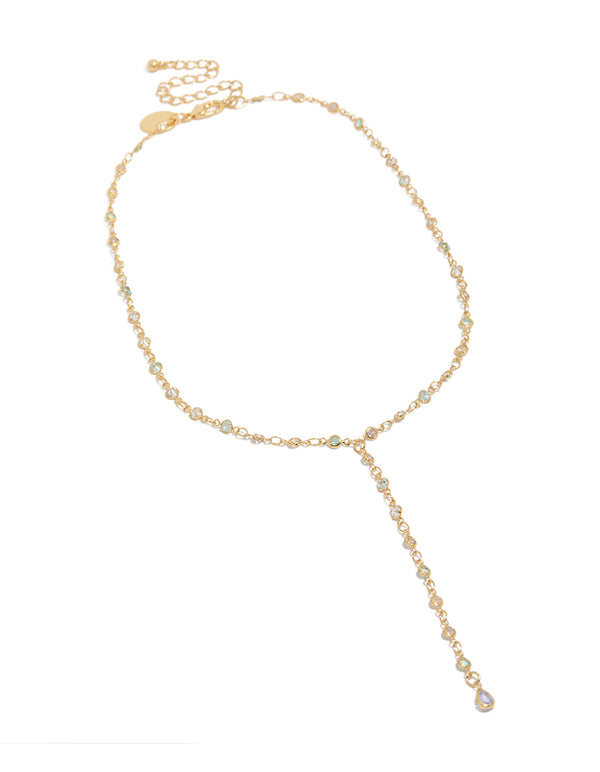 Gold Plated Cubic Zirconia Blue Circle Detail Y-Necklace