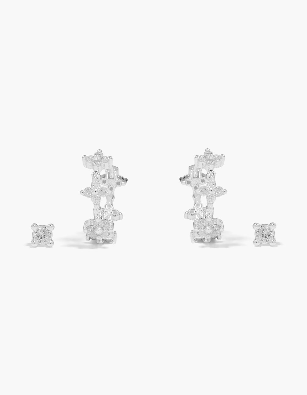 Showcasing dainty floral featuring cubic zirconia stud and hoop 2-pack in plated clear front view