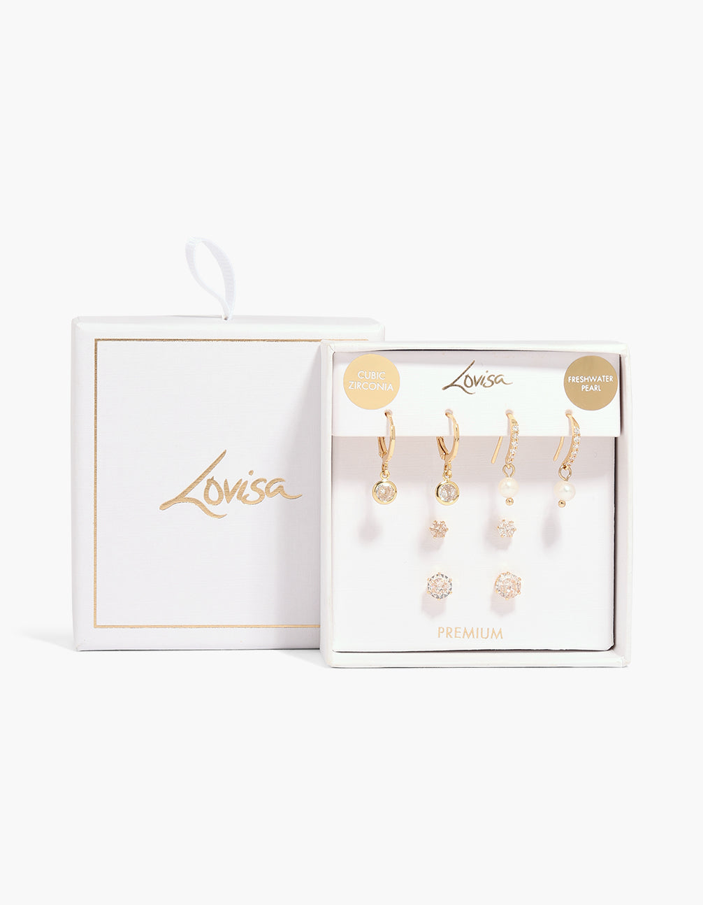 Elegant gold plated cubic zirconia and pearls earrings set with crystal accents featuring stud and huggie closures shown in a packaging close up view